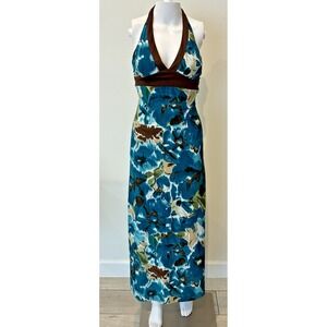 Vintage Y2K Alyn Paige Babydoll Maxi Halter Dress Sz S Blue/Brown Retro Resort